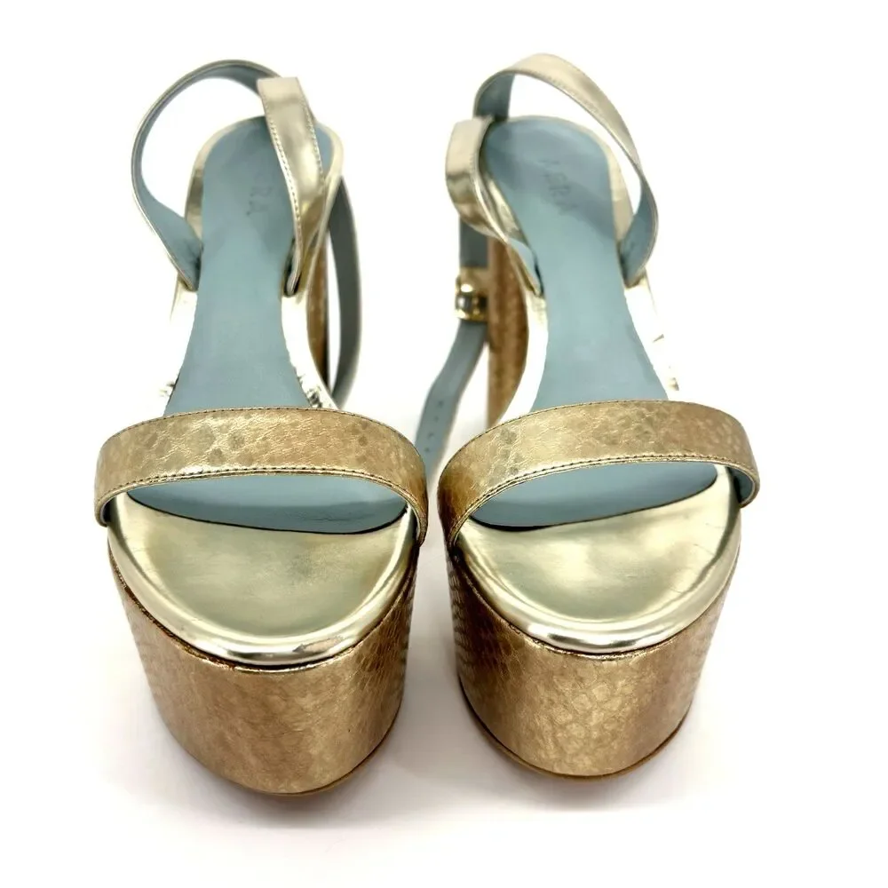 Aera Bianca Platform Block Heel Sandal Gold Python-Effect 8.5 Dust Bag/Box $395